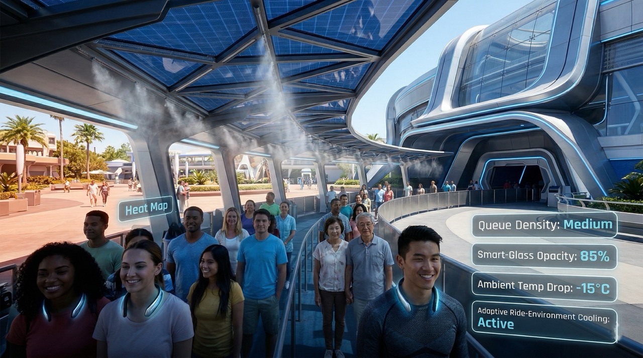 Theme park queue-line cooling with CoolSpherAqua